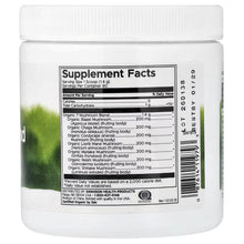 Supplement facts panel on organic 7 mushroom blend powder jar with white cap