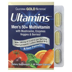 California Gold Nutrition Ultamins Men’s 50+ Multivitamin with CoQ10, Mushrooms, Enzymes, Veggies & Berries – 60 Veggie Capsules