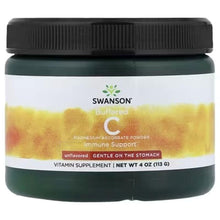 Buffered vitamin C powder bottle, green jar with black lid, unflavored immune support label