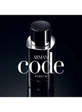 Parfum bottle with black cap and dark glass, Armani Code logo and badge