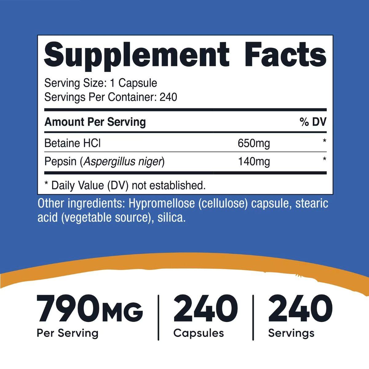 Supplement Facts panel with betaine HCl 650mg and Pepsin 140mg, 240 capsules