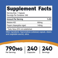 Supplement Facts panel with betaine HCl 650mg and Pepsin 140mg, 240 capsules