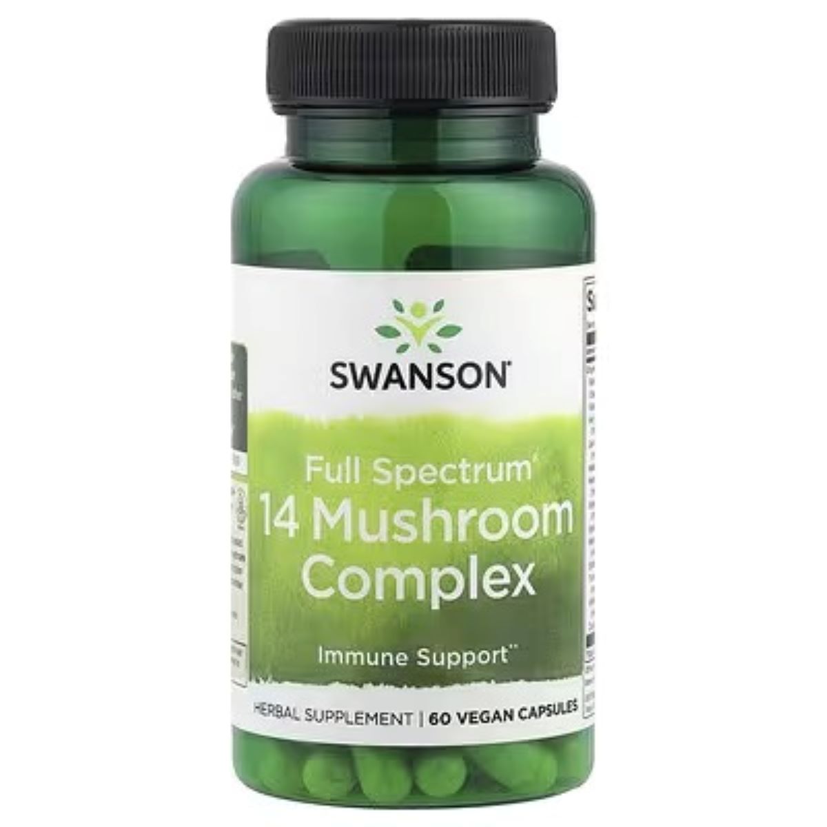 Swanson Full Spectrum 14 Mushroom Complex bottle with green label, black cap, 60 vegan capsules