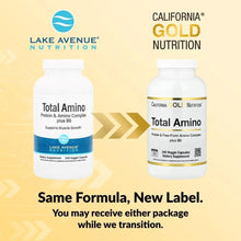 Pair of California Gold Nutrition amino supplement bottles, labels shown with arrow graphic