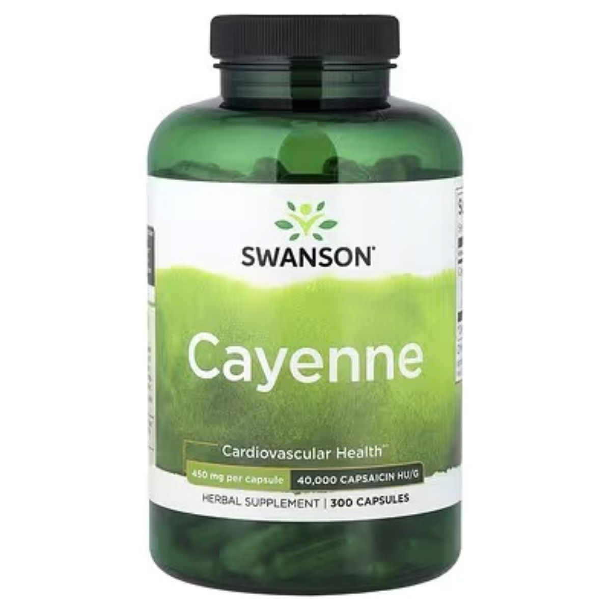 Swanson Cayenne herbal supplement bottle, green label with 300 capsules text