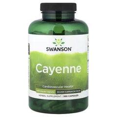 Swanson Cayenne herbal supplement bottle, green label with 300 capsules text