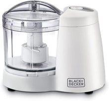 Black+Decker mini food chopper with clear processing bowl and white base, empty.
