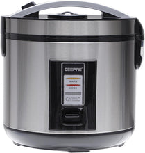 Stainless steel automatic rice cooker with black control panel and lid handle