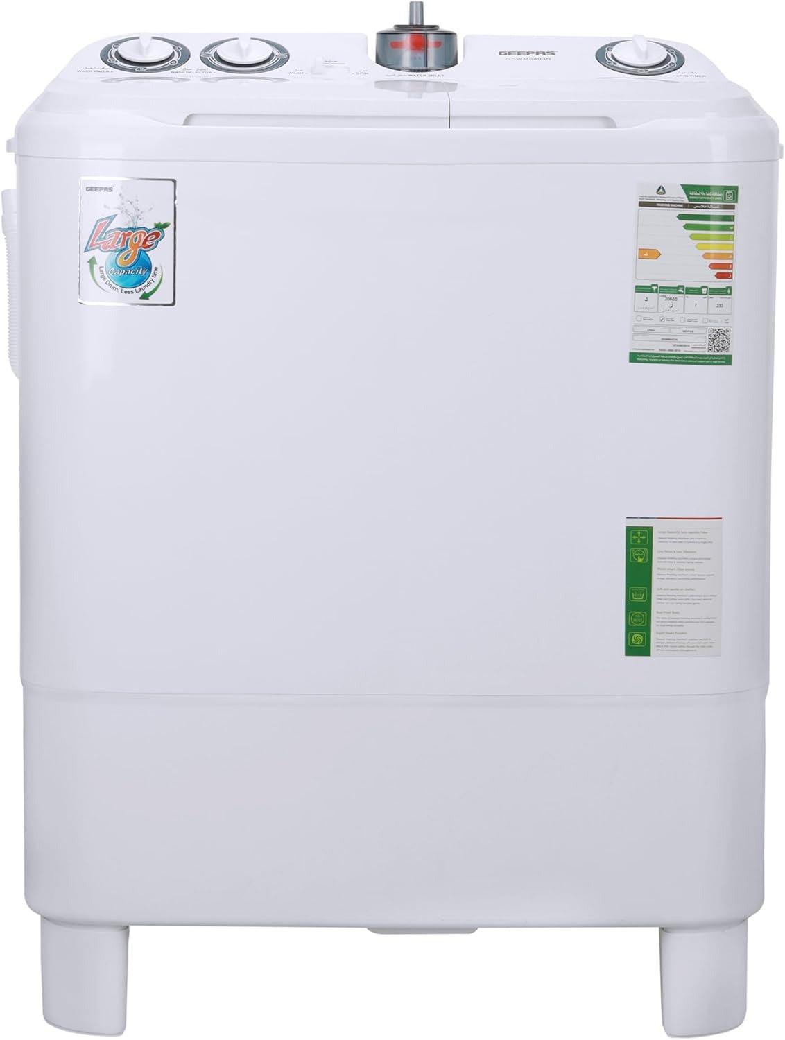 Geepas 7.2 KG Twin Tub Semi-Automatic Washing Machine- GSWM6468| Semi-Automatic Top Load Washing Machine, Ripple Pulsator|Classic Design, Spin Capacity: 7.2 KG| White, 2 Years Warranty