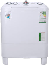 White top-load twin tub semi-automatic washing machine with control dials