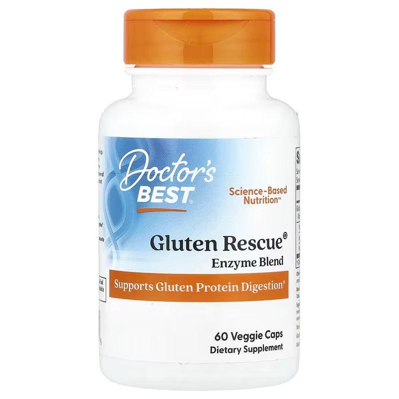 Dietary supplement bottle with orange cap and blue gluten enzyme label, 60 veggie caps