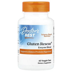 Dietary supplement bottle with orange cap and blue gluten enzyme label, 60 veggie caps