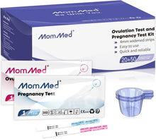 MomMed ovulation and pregnancy test kit with test cards, strips, and urine cups