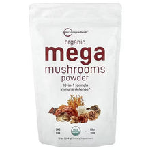 Organic mega mushrooms powder pouch, white with front label and mushroom graphics