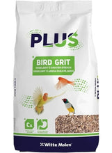 Witte Molen PLUS bird grit bag, white with green and blue text and bird graphic