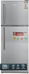 Silver double-door refrigerator with vertical grip handles, front view.