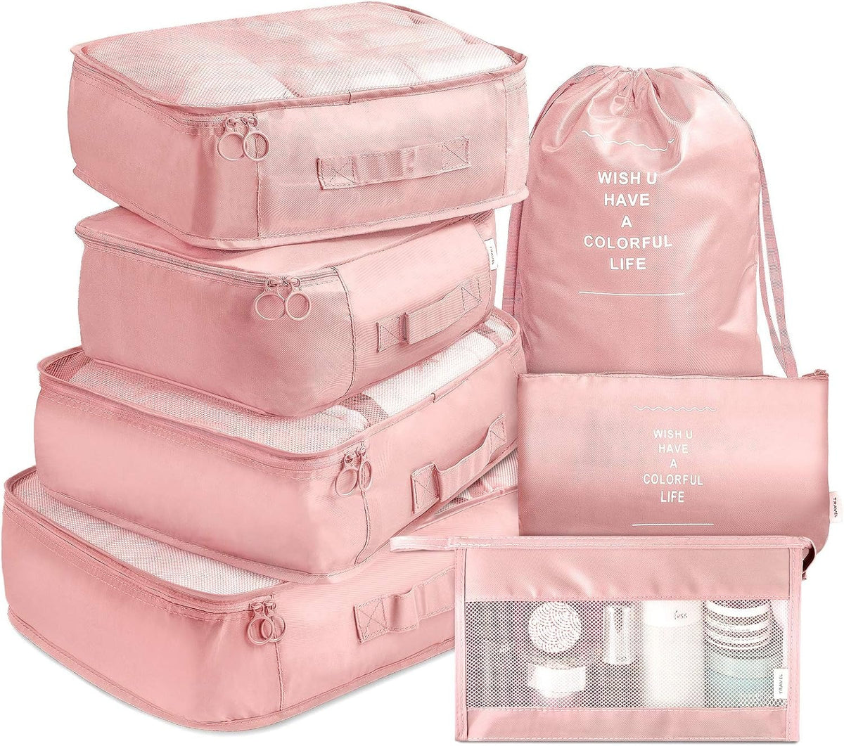 VAGREEZ Packing Cubes VAGREEZ 7 Pcs Travel Luggage Packing Organizers Set with Toiletry Bag (Pink)
