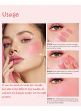 Matte brightening blush usage chart with face, lip/cheek swatches, and step labels