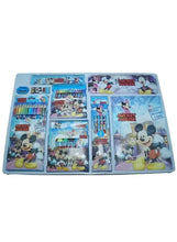 Kids stationery set tray with crayons, colored pencils, pens, and Mickey cartoon prints