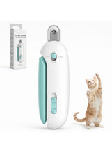 Pet nail clipper with safety guard, white body and mint green handle, front view