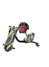 Electric drifter scooter with helmet, neon green and black graphics, three wheels