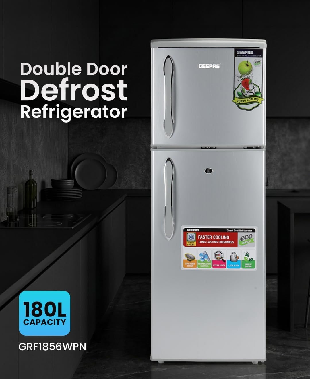 Silver tall double-door refrigerator with vertical grip handles.