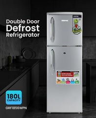 Silver tall double-door refrigerator with vertical grip handles.