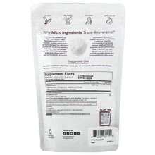 Trans-resveratrol supplement pouch, back label with Supplement Facts and barcode