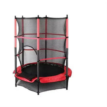 Kids trampoline with safety net and red padded frame, round black mat