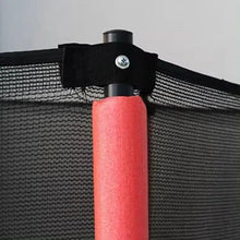 Trampoline safety net support post with black top clamp and red foam padding