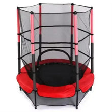 Kids indoor trampoline with safety net, red and black frame, round jumping mat