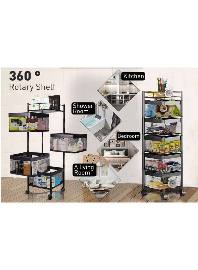 Huitich 5 layer kitchen storage trolley with 360 degree rotary shelf in black metal frame