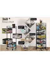 Black rotating kitchen storage trolley with 5 mesh shelves, shown with multi-room use