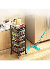 Black 5-tier kitchen trolley with mesh shelves and wheels, holding cookware and produce