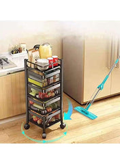 Huitich 5 layer kitchen storage trolley with black frame and wheels holding kitchen items