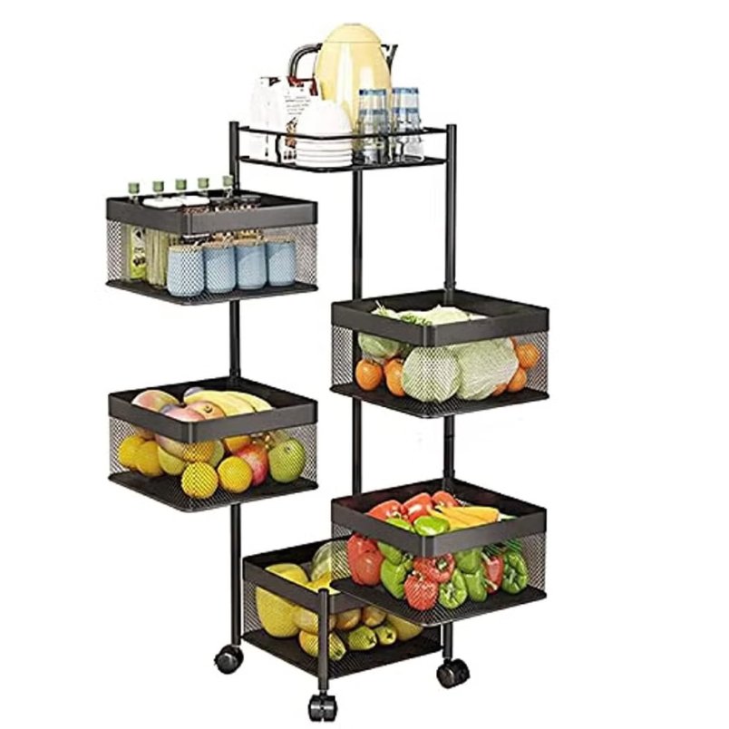 Huitich 5 layer kitchen storage trolley with black metal frame and wheels holding fruits and kitchen items
