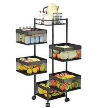 Black 5-tier kitchen storage trolley with mesh baskets and swivel top, on casters