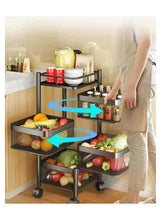 Black 5-tier rotating kitchen trolley with mesh drawers, moving on wheels
