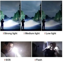 Black LED flashlight showing strong, medium, low, SOS, and flash modes
