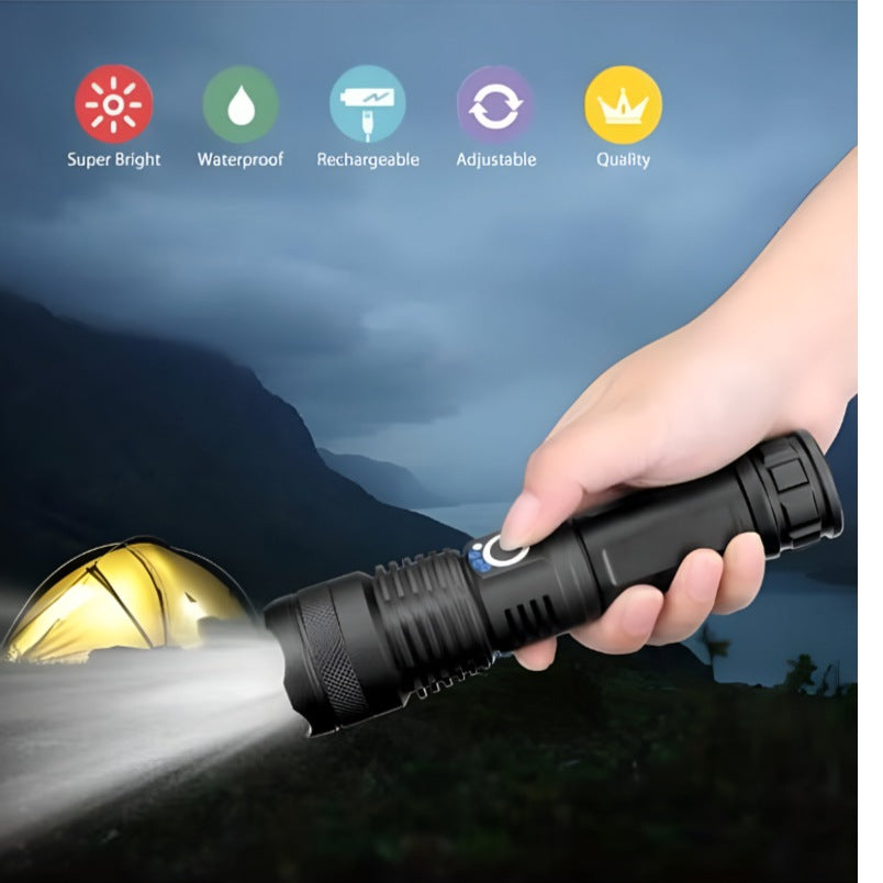 Huitich 5 modes LED torch being held shining light near a camping tent in the dark outdoors