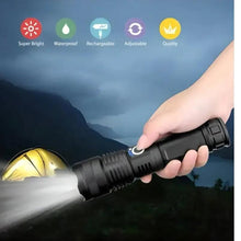 Black LED flashlight with icons for super bright, waterproof, rechargeable