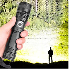 Huitich 5 modes LED torch handheld black flashlight illuminating forest with person silhouette