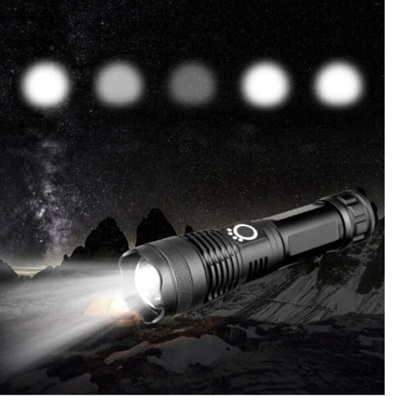 Huitich 5 modes LED torch shining bright with adjustable light settings in dark mountainous landscape
