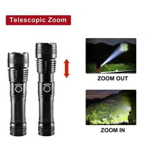 Black telescoping LED flashlight with zoom in/out display