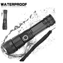 Black LED flashlight with wrist strap and waterproof splash design