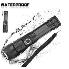 Huitich waterproof 5 modes LED torch with black body and wrist strap splashing water