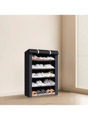Black 5-tier shoe rack with five open shelves and protective top cover