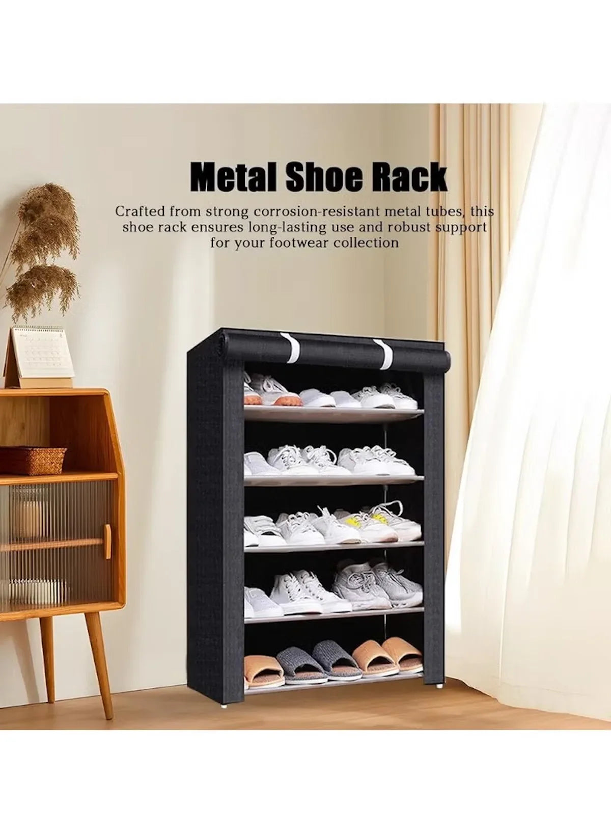 Black 5-tier shoe rack with five open shelves and side panels, freestanding