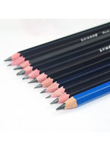 Row of sharpened wooden sketch pencils with pink, gray, and blue striped barrels