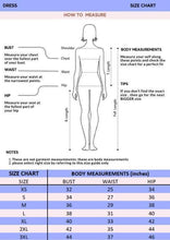 Women's maxi dress size chart showing bust, waist, and hip measurement guide